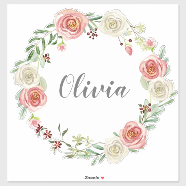 Sticker Baby Girls Name Watercolor Rose Floral Wreath (Feuille)