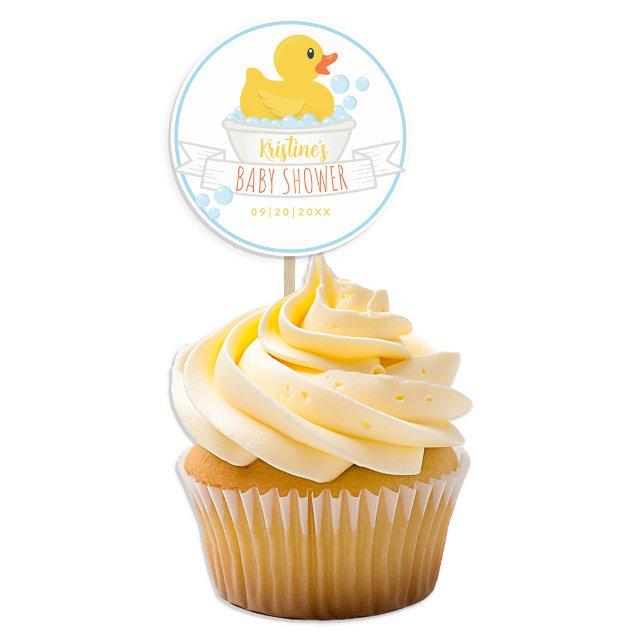 Sticker Baby shower canard en caoutchouc | Bain à  (blue and yellow rubber ducky cupcake topper baby shower party favor)