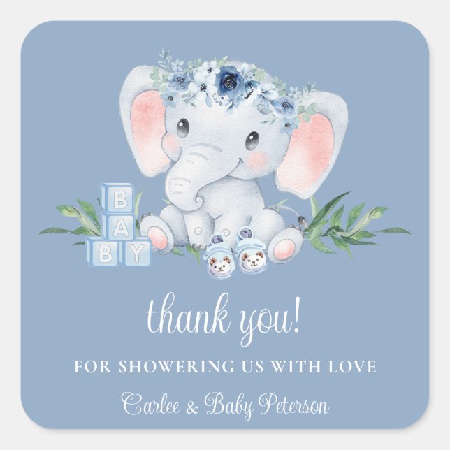 Sticker Baby shower Eléphant Floral bleu (Devant)