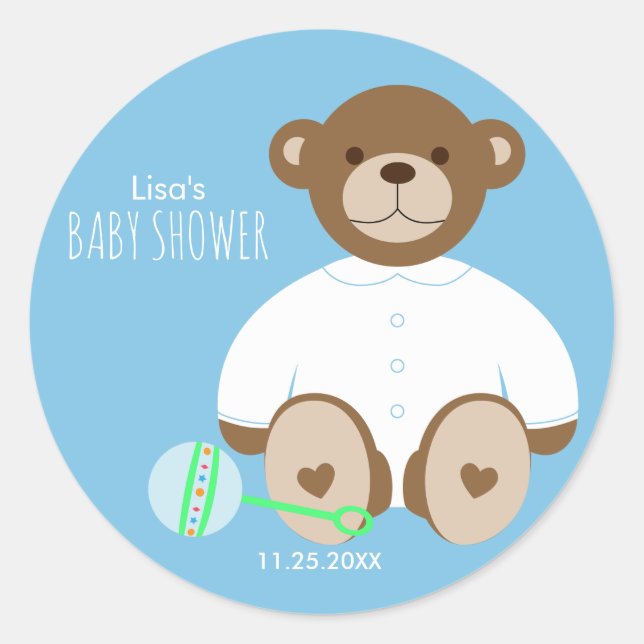 Sticker Baby shower Ours Teddy, arrière - plan ble (Devant)