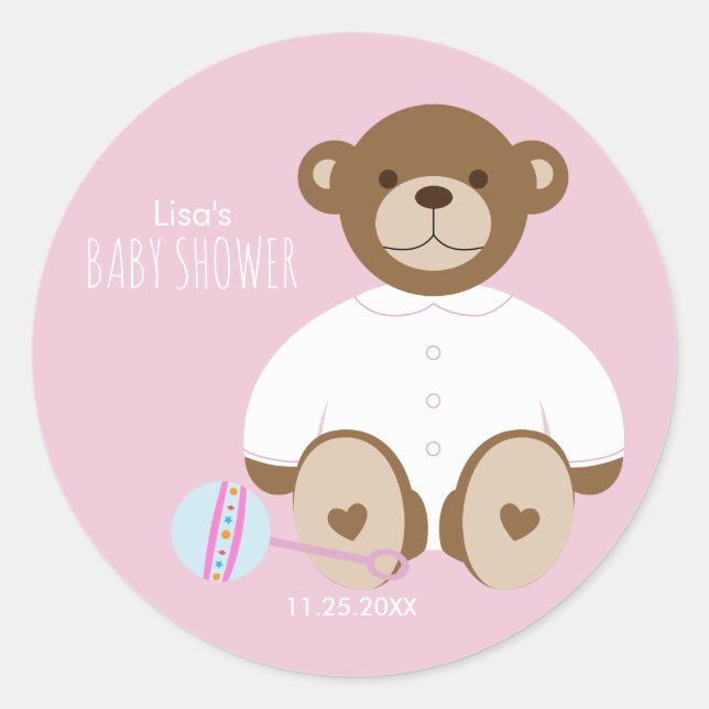 Sticker Baby shower Ours Teddy, arrière - plan ros (Devant)