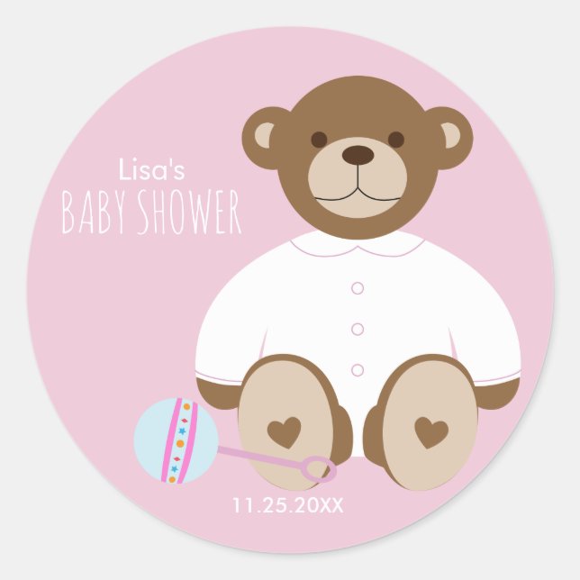Sticker Baby shower Ours Teddy, arrière - plan ros (Devant)