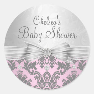 Sticker Baby shower rose et argent Damask