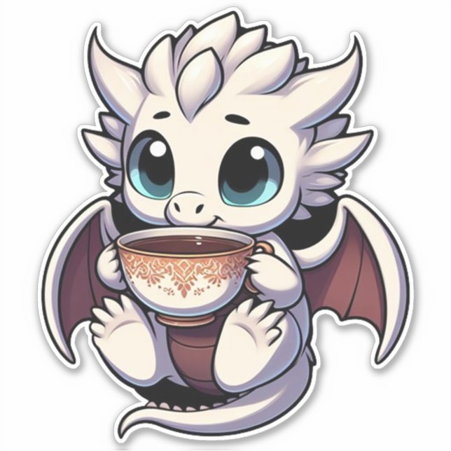 Sticker Baby White Dragon boire du thé au café (Devant)