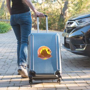 Sticker Badge avec paysage volcanique tropical et palmiers