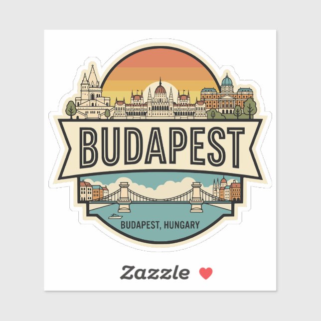 Sticker Badge de voyage rétro sur la skyline de Budapest H (Feuille)