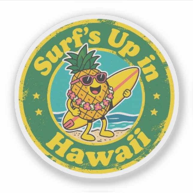 Sticker Badge Rétro Hawaï - Planche de Surf Ananas avec Le (Devant)