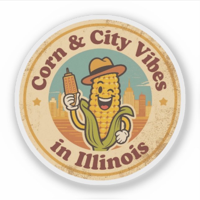 Sticker Badge Rétro Illinois_ Maïs avec la Skyline de Chic (Devant)