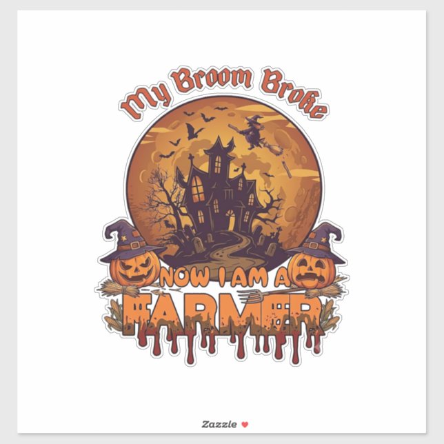 Sticker Balai Brisé Ferme Halloween Sorcière Maison Hantée (Feuille)