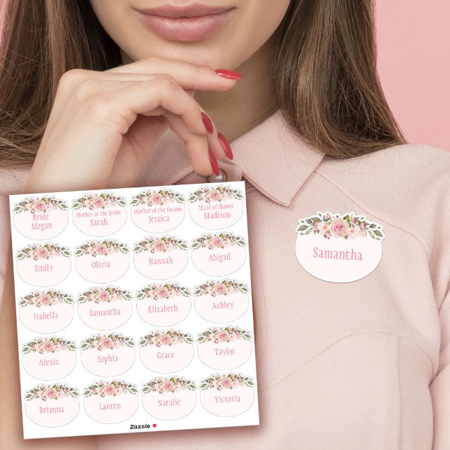 Sticker Balise de nom de Fête des mariées Rose couleur ros (Pink Watercolor Roses Bridal Shower Name Tag Stickers)