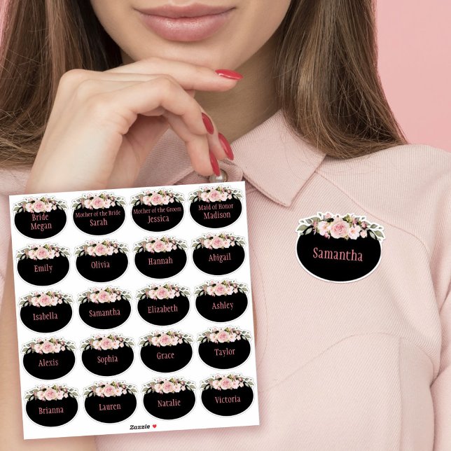 Sticker Balise de nom de Fête des mariées Rose couleur ros (Pink Watercolor Roses Moody Black Bridal Shower Name Tag Sticker)
