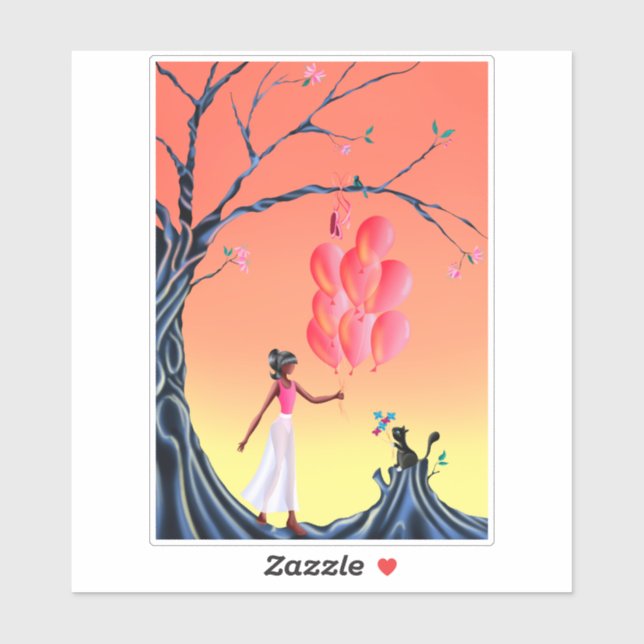 Sticker Ballerina mignonne et chat au coucher du soleil (Feuille)