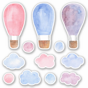 Sticker Ballon à air chaud aquarelle. Rose, bleu et violet