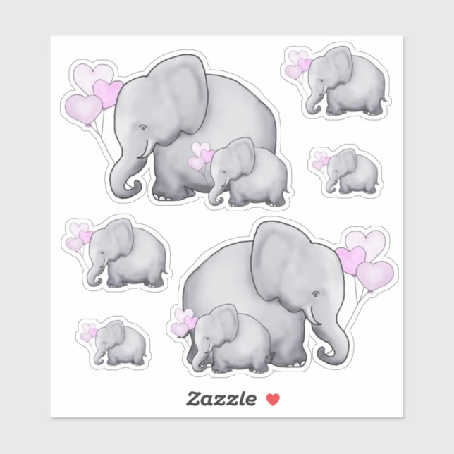 Sticker Ballons Coeur Rose Cute Eléphants Bébé (Feuille)