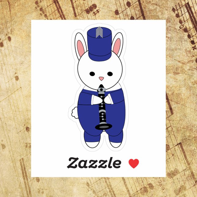 Sticker Bande de Marquage Rabbit Clarinet Bleu et Blanc (A die cut sticker of a rabbit playing the clarinet in a blue and white marching band uniform.)