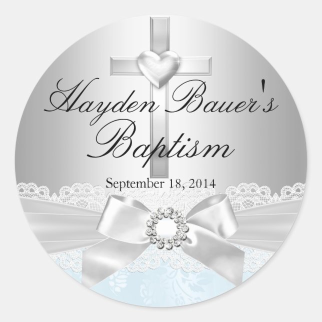 Sticker Baptême Bleu Croix & dentelle (Devant)