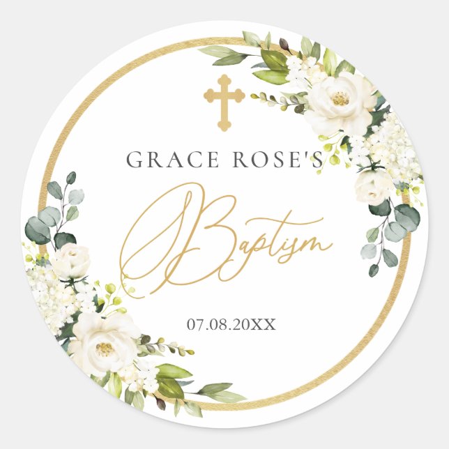 Sticker Baptême Croix Roses Blanches (Devant)
