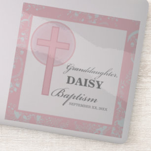 Sticker Baptême Petite-fille Dentelle rose Personnalisée