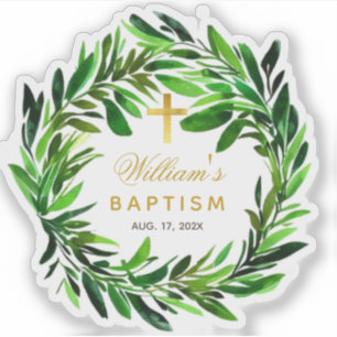 Sticker Baptême Verdure Wreath Faux Gold Cross Script