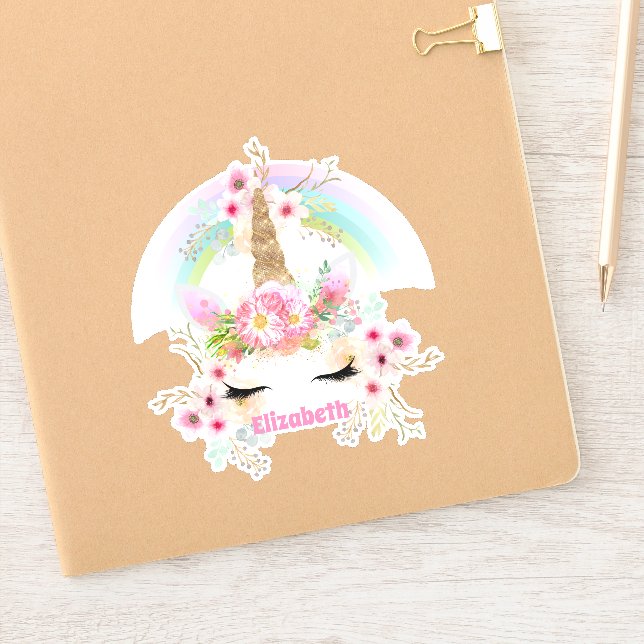 Sticker Baptisée UNICORN Pink Gold Flowers Filles Ados Cad (Carnet)