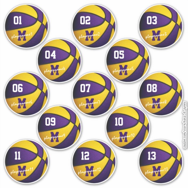 Sticker basket-ball en or violet coutume 13 joueurs noms (Devant)