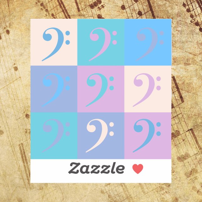 Sticker Bass Clef Music Pattern Pastel (A sticker of colorful bass clefs in blue, pink, purple and yellow.)