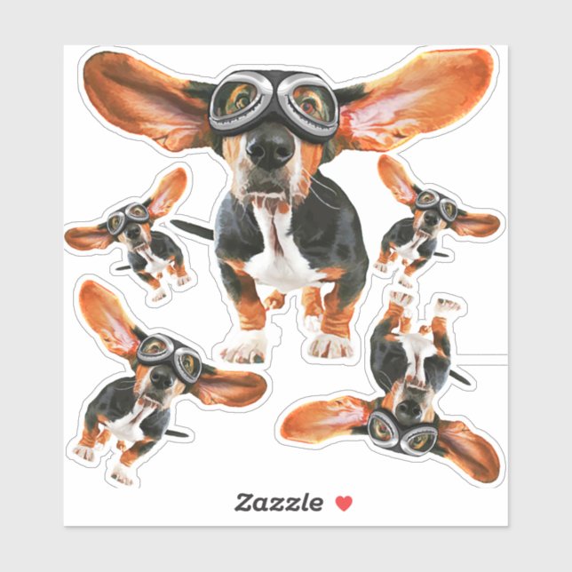 Sticker Basset Hound avec oreilles volantes et lunettes de (Feuille)