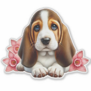 Sticker Basset Hound Chiot Avec Fleurs