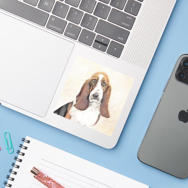 Sticker Basset Hound Peinture - Cute Original Chien Art (Ordinateur portable avec iPhone)