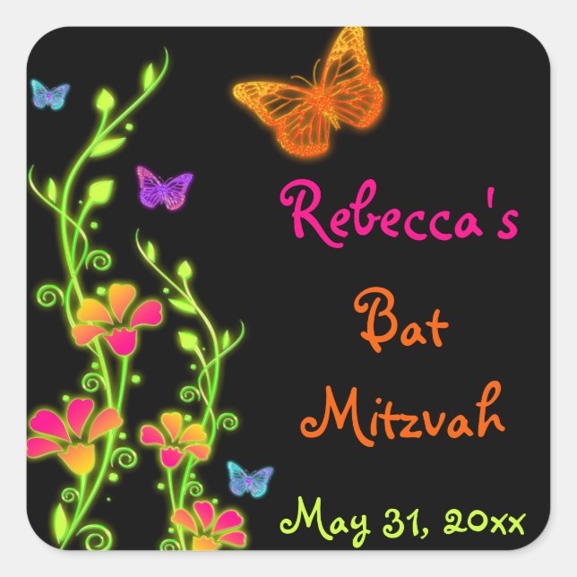 Sticker Bat mitzvah néon papillons et fleurs (Devant)