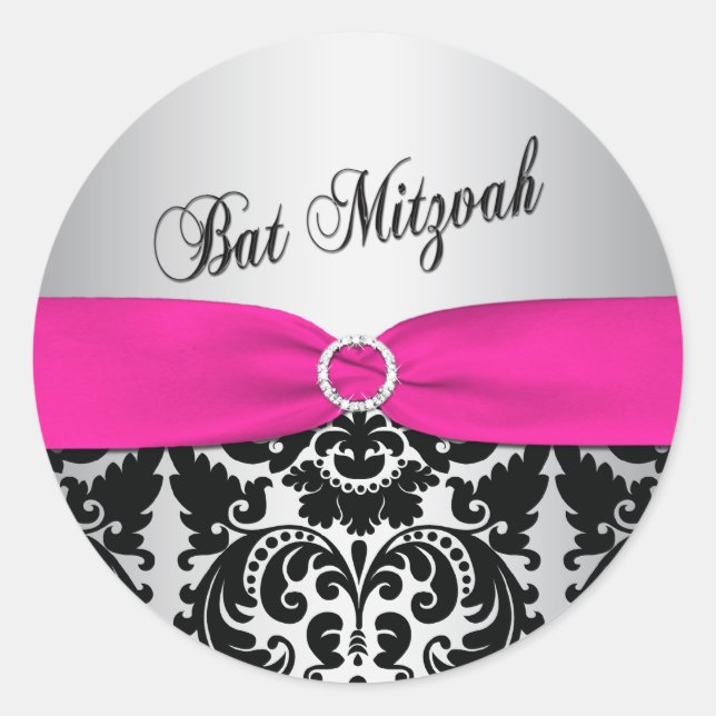 Sticker Bat mitzvah rose, argent et noir Damask (Devant)