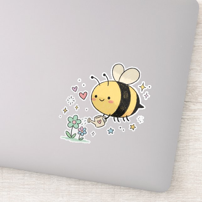 Sticker Be The Buzz | Cute Honeybee Watering Wildflowers  (Détail)