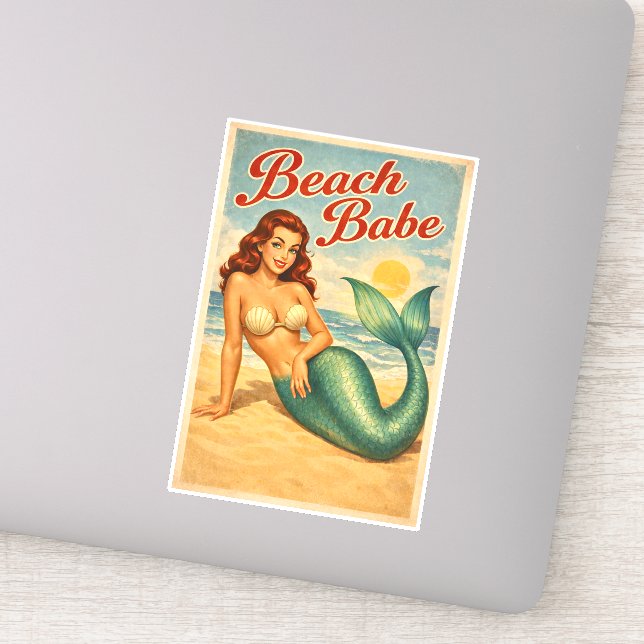 Sticker Beach Babe Pin-Up Mermaid - Retro Coastal Life Art (Détail)