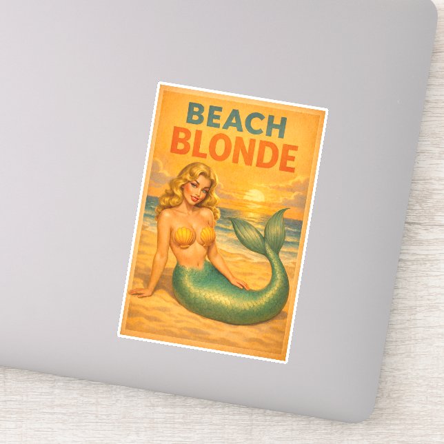 Sticker Beach Blonde Pin-Up Mermaid Retro Coastal Life Art (Détail)