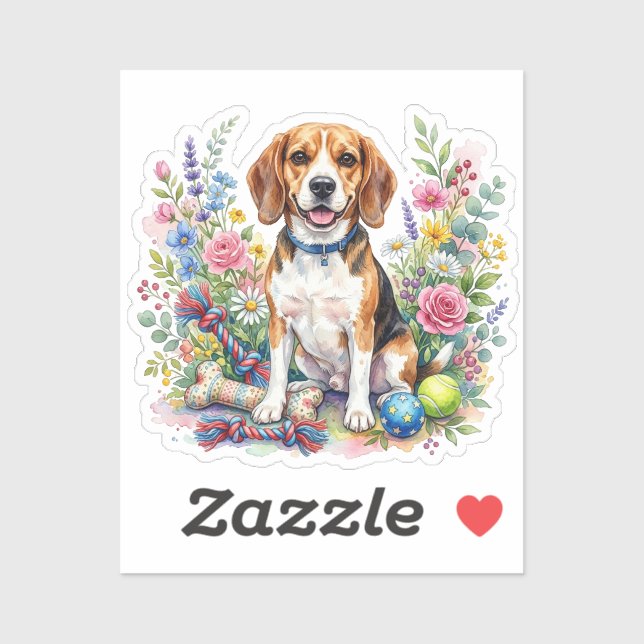 Sticker Beagle aquarelle mignon dans les fleurs (Feuille)