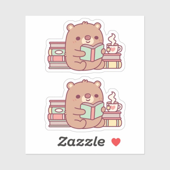 Sticker Bear Brown Mignonne Lire Un Livre (Feuille)