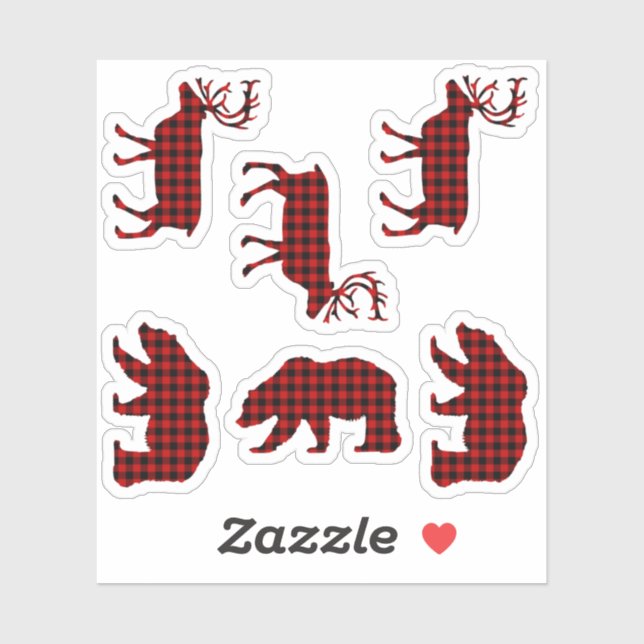 Sticker Bear Elk Buffalo Plaid Lumberjack Check Red (Feuille)
