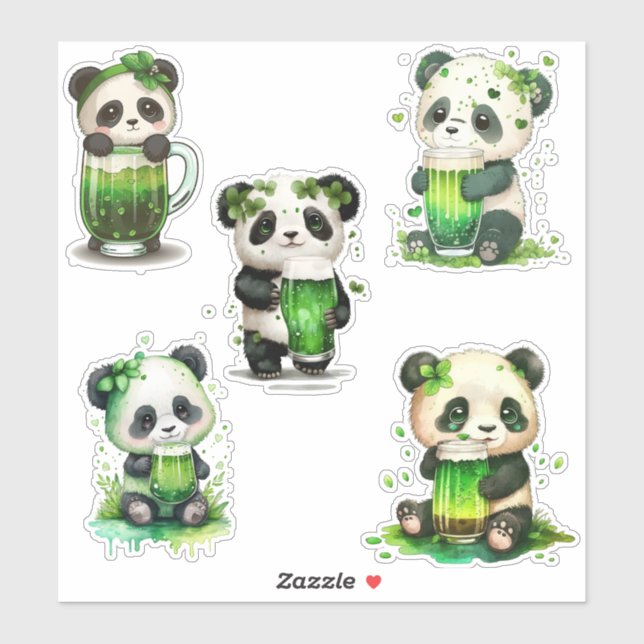 Sticker Bears de panda St Patrick avec boisson irlandaise  (Feuille)