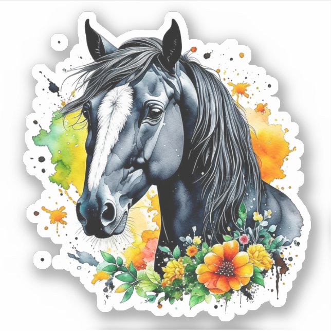 Sticker Beau Cheval Noir Entouré de Fleurs Jaunes (Devant)