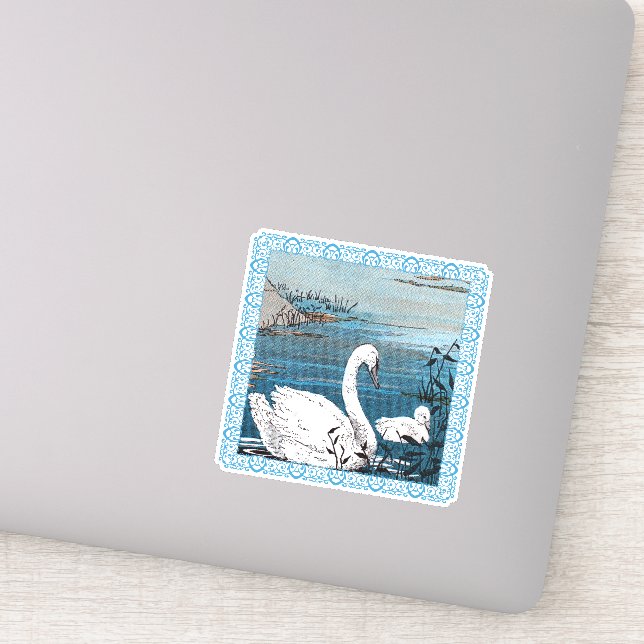 Sticker Beau Lac Cygne Blanc Avec Bébé Fancy bordure (Détail)