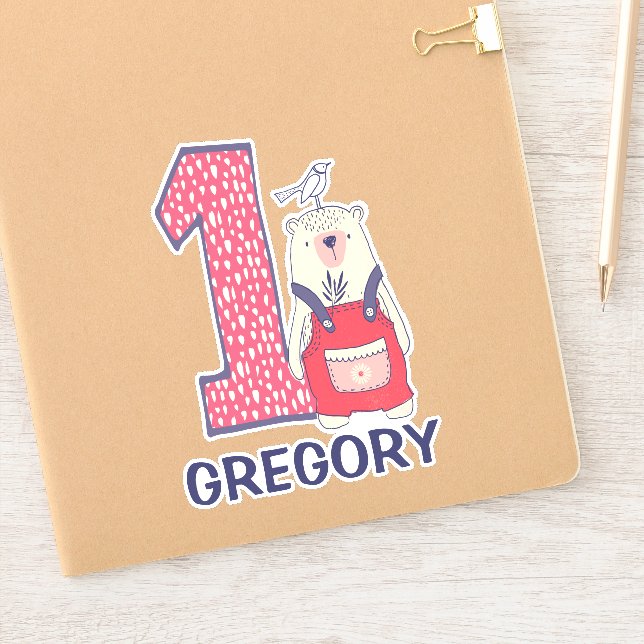 Sticker Beau ours premier anniversaire avec nom (Carnet)
