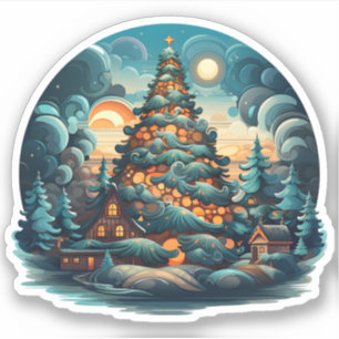 Sticker Beau sapin de Noël en forêt Joyeux vacances