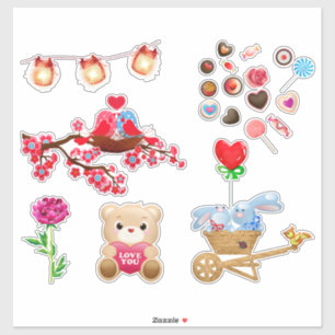 Sticker Beau thème d'amour animal, coeur, bonbon, rouge ro