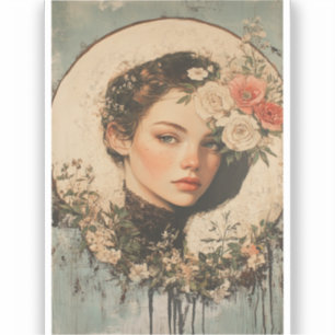 Sticker Beauté Lune - Femme avec Fleur et Pleine lune