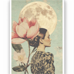 Sticker Beauté Lune - Femme avec Fleur Rose et Lune