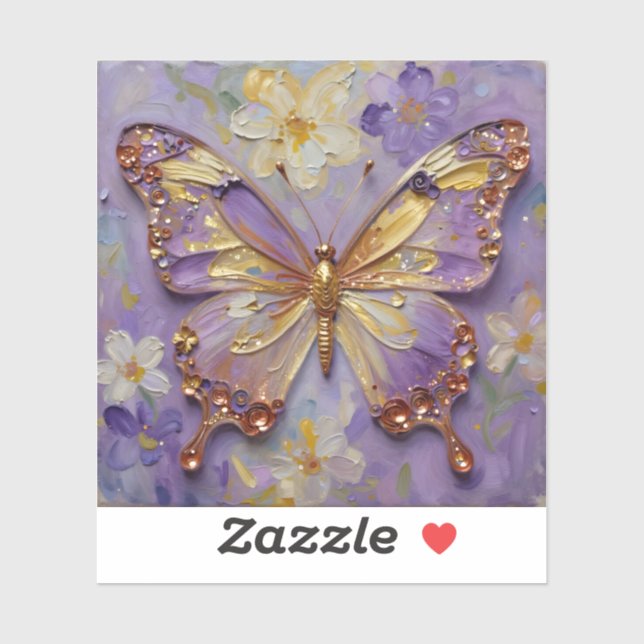 Sticker Beautiful Purple Butterfly and Flowers (Feuille)