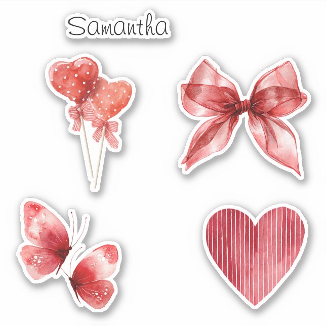 Sticker Beaux Cœurs Papillons Ruban Rouge (Devant)