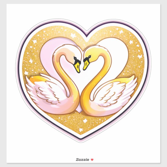 Sticker Beaux cygnes de mariage avec anneaux d'or (Feuille)