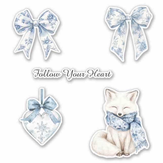 Sticker Beaux rubans floraux bleu blanc coeur renard (Devant)