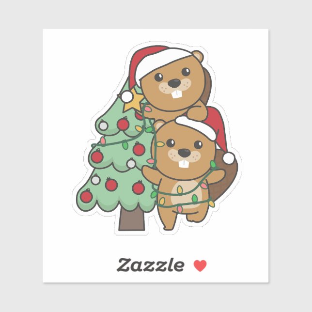 Sticker Beaver Arbre de Noël Animaux de Noël Castors (Feuille)